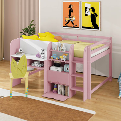 Full Size Solid Wood Low Loft Bed With Built-In Desk, Storage Cabinets And Open Bookcase, Graffiti Whiteboard For Kids