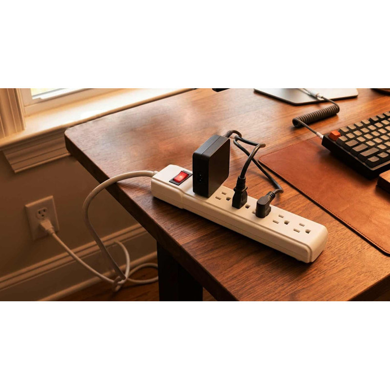  2 Ft Power Strip Surge Protector, 6 Outlet power strip With 90 joules Surge , Heavy Duty Plug, Grounded, Integrated Circuit Breaker, 3-Prong, Wall Mount