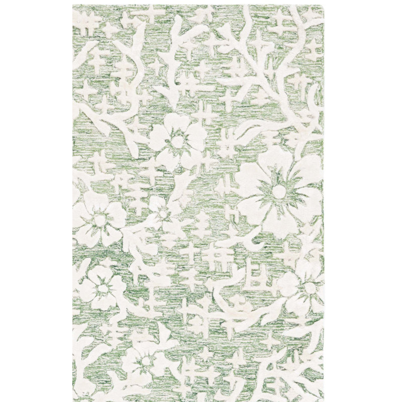 Stiliani Hand Tufted Wool/Viscose/Cotton Floral Rug in Ivory/Green, Runner 2'3" x 8'