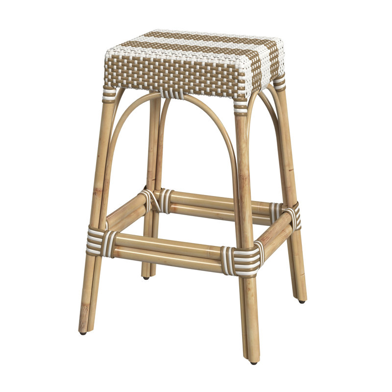 Tabouret de comptoir / de bar Lennart, Cadre brun clair / rayure blanche / rotin naturel