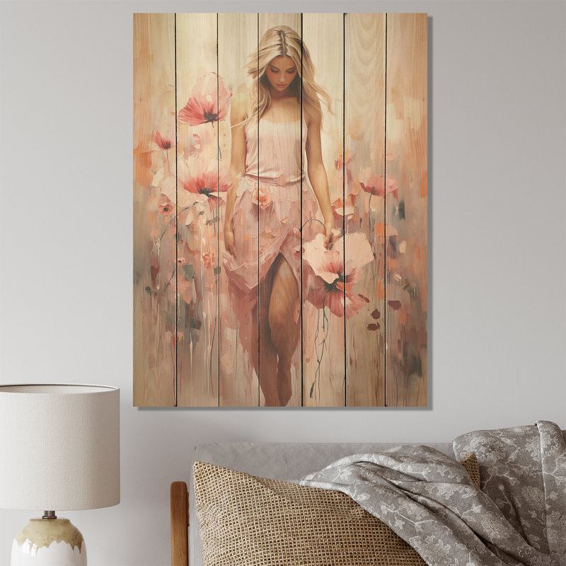 Femme rose en ballet floral - ballet sur bois, H 32 po x l 24 po