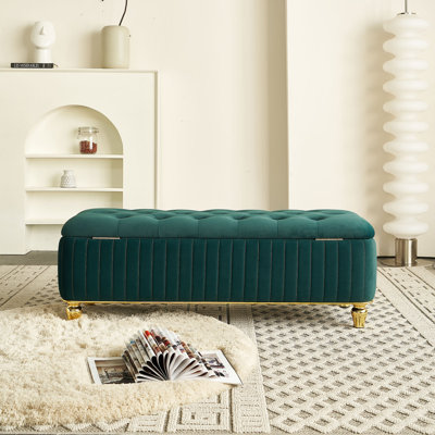 Upholstered Velvet Storage Ottoman Bench, Button Tufted Footstool, Green