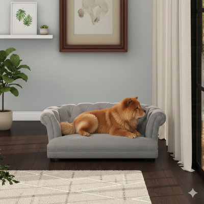 Medium-sized dog sofa bed in a classic Chesterfield style. Covered in durable, stain-resistant high-performance polyester fabric. Finished in Uptown Gray. Total length is 36.5 inches.