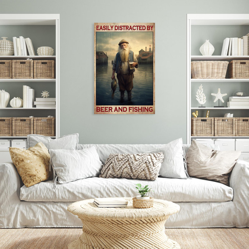 «Easily Distract By Beer And Fishing», reproduction d'art graphique sur toile tendue 1 pièce, H 36 po x l 24 po x P 1,25 po