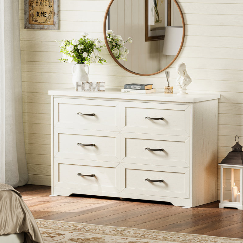 Commode horizontale avec style campagnard et 6 tiroirs spacieux, Blanc
