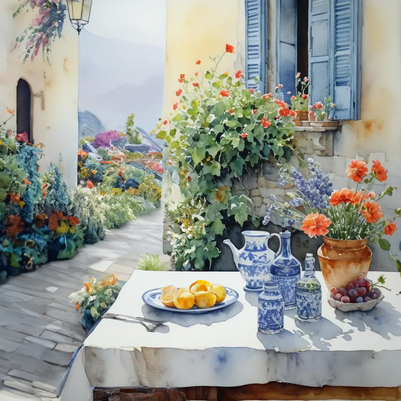«Sunny Courtyard», art mural sur toile tendue avec fleurs et porcelaine bleue, H 20 po x l 20 po x P 1,5 po