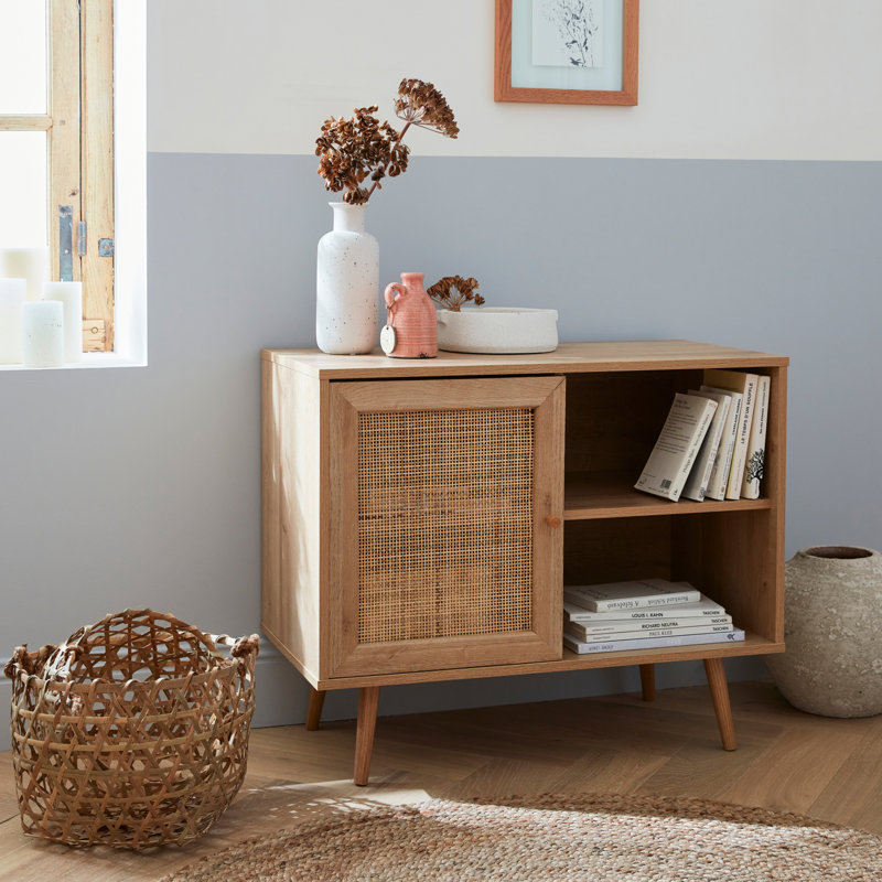Scandi-style wood and cane rattan storage cabinet, Brown