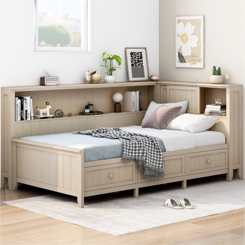 Lit de jour simple en bois avec tablettes de rangement et 3 tiroirs, lait blanc antique, fabrication, aucun sommier requis et solide