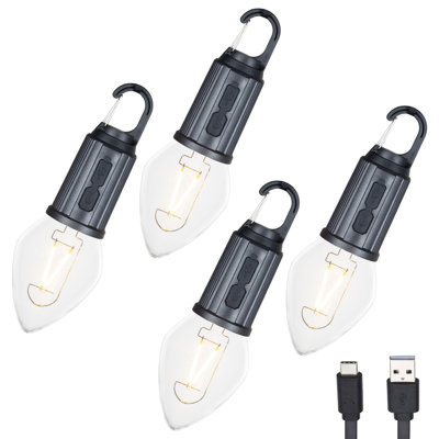Lampe de camping rechargeable Festive Living, ampoule à DEL en forme de larme blanc chaud, port de charge USB-C, globe incassable sur mousqueton, 3 niveaux de luminosité