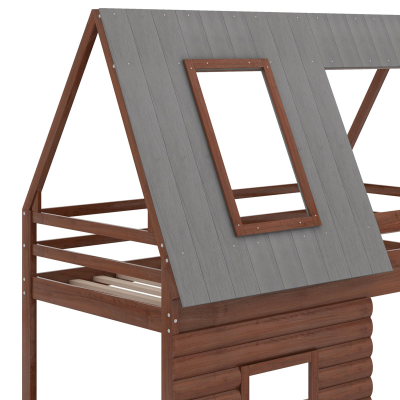 Lit superposé simple en bois avec toit, échelle et fenêtres