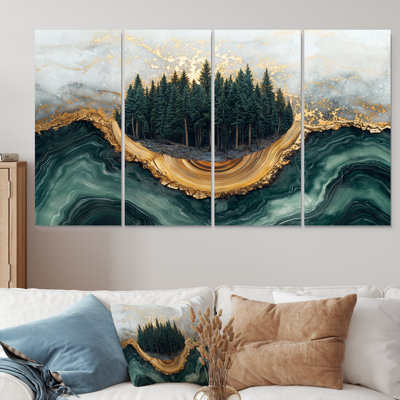 Paysage de forêt de pins sur l'horizon émeraude II - Art mural forêt - art mural traditionnel, toile 4 pièces