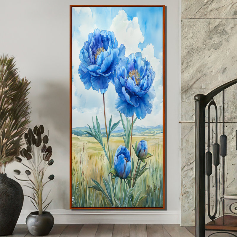 Océan bleu pivoines dans le champ III - pivoines, art mural sur toile, H 60 po x l 28 po, Reproduction avec cadre flottant
