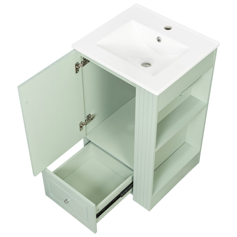 Meuble-lavabo de 20 po avec lavabo en céramique, rangement et tablettes latérales ouvertes pour salle de bain compacte