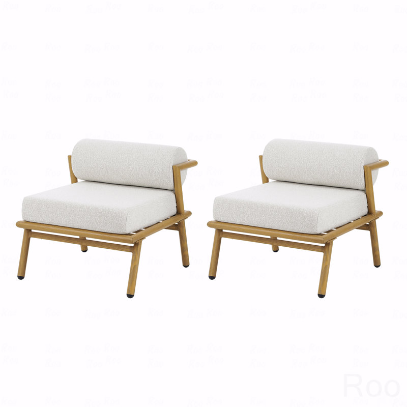 Set Of 2 Outdoor Patio Club Chair, Teak Finished Iron With Off White Cushion