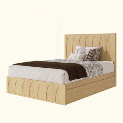 Solid Wood Platform Bed Frame with Side Storage Drawers, Curved Headboard Wood Slat Support, No Box Spring Needed, Minimalist Natural Wood Bedroom Bed