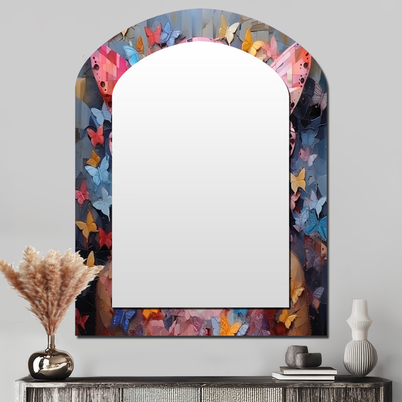 Pink Butterfly Glamour woman portrait II - Woman Glam Asymmetrical Decorative Mirror, Glam Arch Wall Mirror, Printed Metal Art