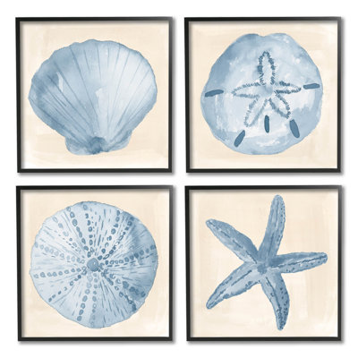 «Blue Varied Seashell Marine Life», ensemble de 4 giclées encadrées par Lucille Price