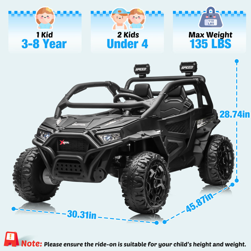 UTV 24v pour enfants avec télécommande parentale, suspension à quatre roues, musique Bluetooth et lumières DEL, Noir