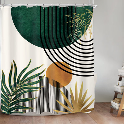 Mid Century Green Boho Shower Curtain, Abstract Modern Shower Curtains For Bathroom, Plant Botanical Minimalist Leaf Arch Sun Fabric Liner Waterproof Polyester 12 Pack Hooks 60Wx72l Inches