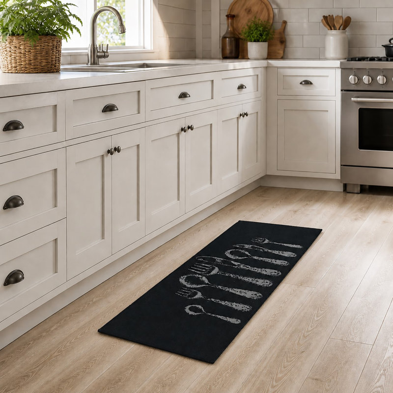 Luxurious Comfort Chef Kitchen Mat, Cutlery Design, Low-Profile, Universal Fit, Runner 1'8'' x 4', Black
