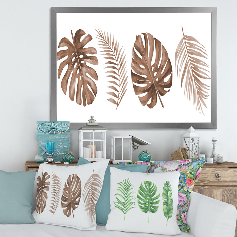 «Tropical Monstera And Palm Leaf In Terracotta», reproduction d'art sur toile encadrée, H 24 po x l 32 po x P 1 po