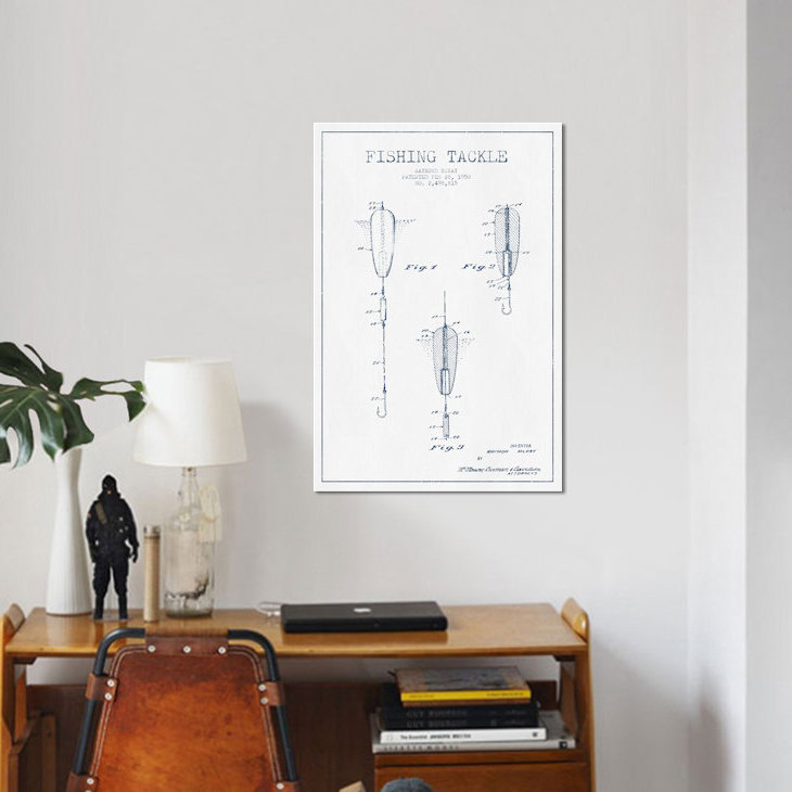 « raymond mcvay fishing dismode brevet », impression sur toile blanc/bleu, H 26 po x l 18 po x P 1,5 po, Pas de tapis