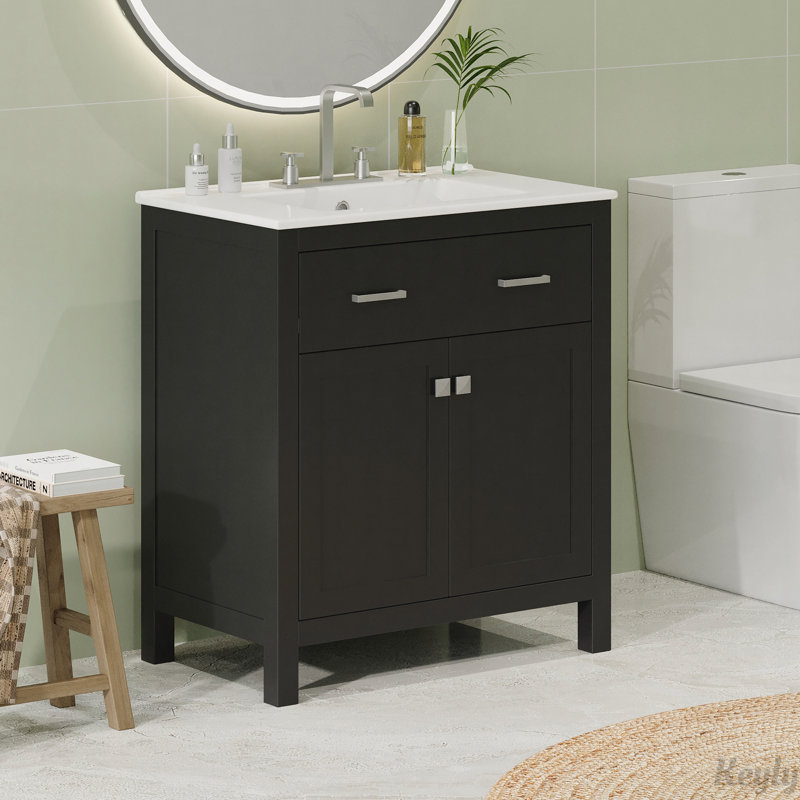 Meuble-lavabo simple moderne avec lavabo en céramique avec 2 portes et une tablette, Noir, noir, noir, noir