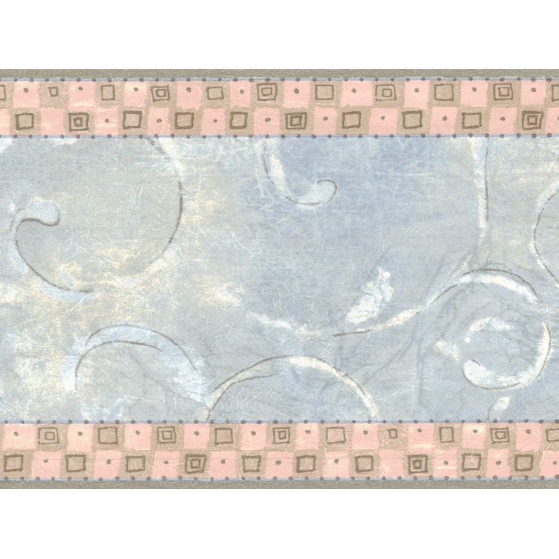 Bordure de papier peint pré-moulé - motif rétro damas bleu, gris, rose, 15 pi X 6,4 po