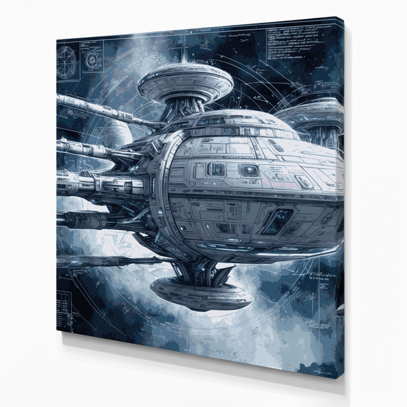 "Space Spacecraft Blueprint Designs", art mural sur toile bleue, H 32 po x l 32 po