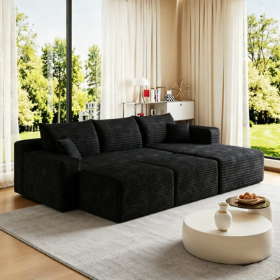 95" Black Chenille Cloud U-Shaped Sectional Sofa with 2 Ottomans, Deep Seat, No Assembly