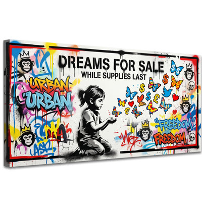 Dreams for Sale Graffiti Canvas Wall Art, Urban Street Wall Decor with Girl Butterfly Money Pop Art Painting for Living Room Bedroom Teen Room Office, Wrapped Canvas, 28×58 Inch