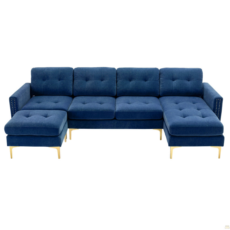 110" L-Shape Convertible Sectional Sofa Couch With Movable Ottoman, Blue Velvet