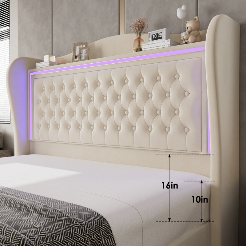 Kaliya Velvet Upholstered Wingback Bed with LED Lights