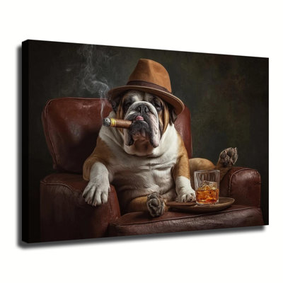 Vintage Bulldog With Cigar And Whiskey On Leather Armchair, Large Gallery Wrapped Canvas Wall Art Print For Living Room Bedroom