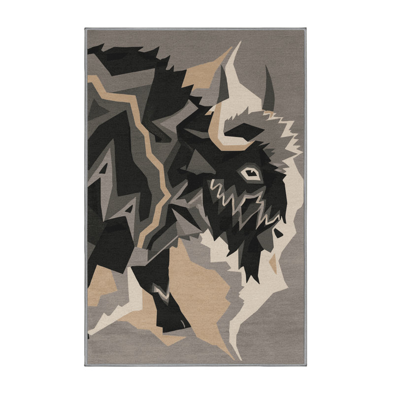 Machine Washable Pavnesh Musk Ox Modern Geometric Rug in Gray – Gray Binding, 7x9