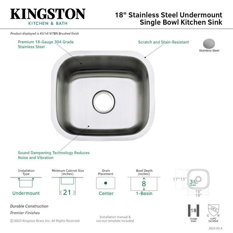 Kingston Brass Country 18-Inch Stainless Steel Undermount Single Bowl Kitchen Sink