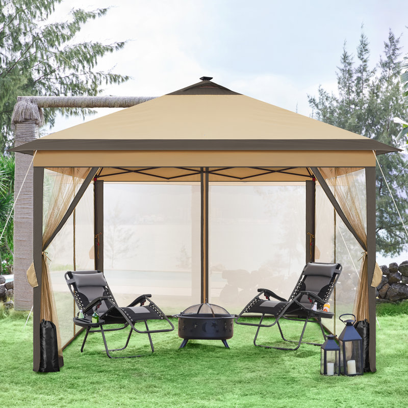 11 Ft. W x 11 Ft. D Iron Patio Gazebo with Solar LED Lights, Brown, Black