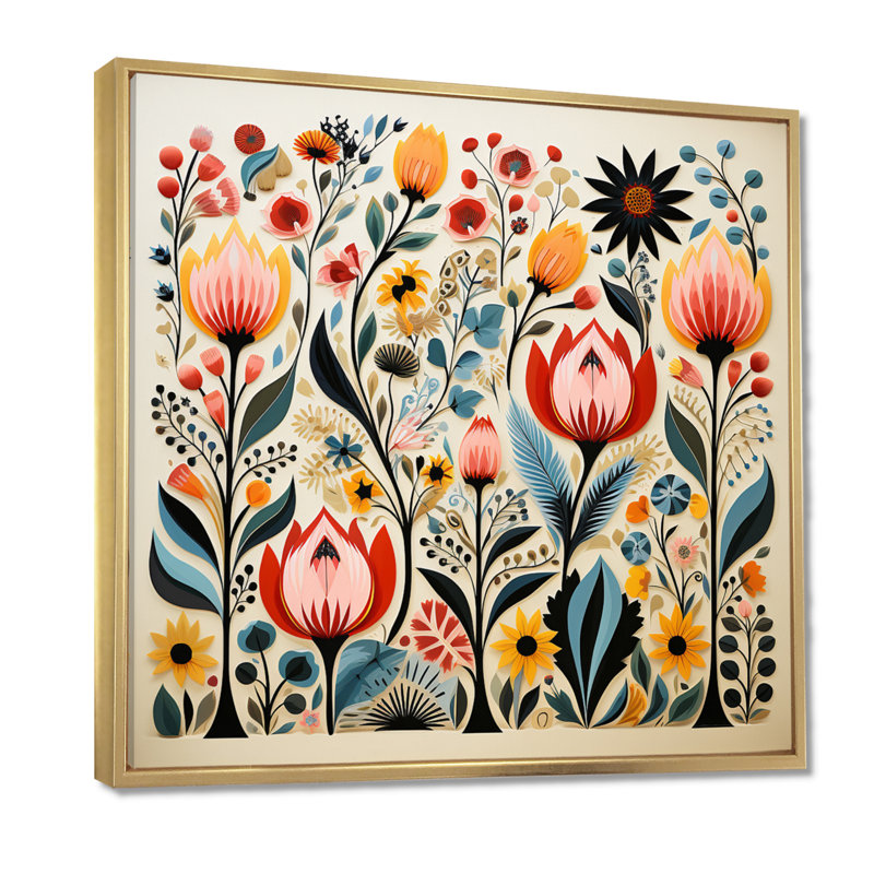 «Retro Vibrant Spring Flowers I - Wildflowers», reproduction d'art murale, Toile avec cadre flottant or