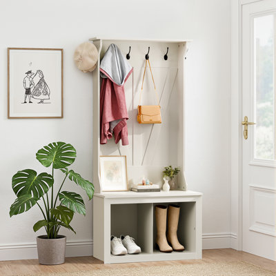 3-in-1 Coat Rack with Shoe Storage Bench, Hall Tree with 6 Hooks and 2-Tier Storage Shelf