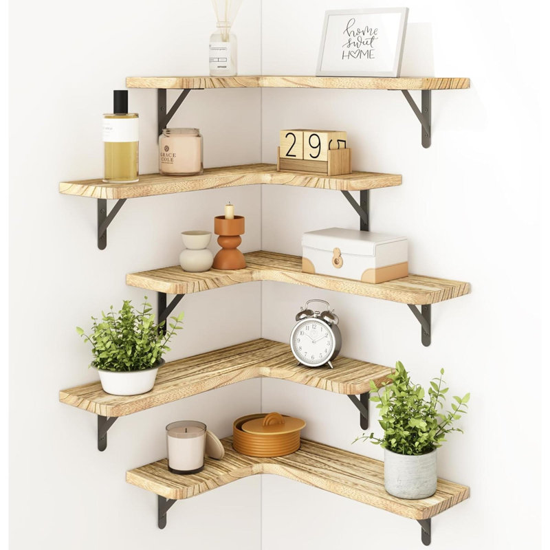 Floating Shelves For Wall, Rustic Wood Wall Mounted Corner Shelf For Bathroom, Kitchen, Bedroom, Home Decor, Laundry Room, Living Room, Set Of 5