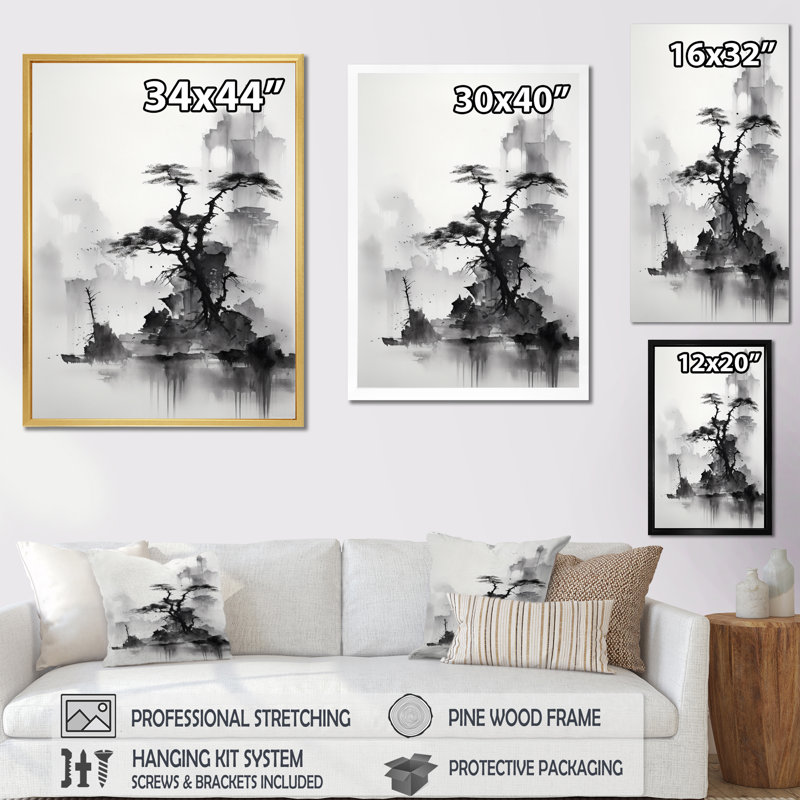 Asian Art Landscape Sumi - Art asiatique grand art mural, H 32 po x l 24 po x P 1 po, Cadre flottant érable