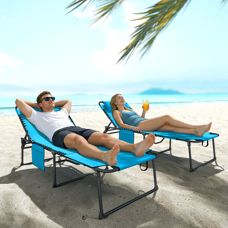 2 Piece Folding Chaise Lounge with 5-level Reclining Back, Tanning Chair with Face Hole, Outdoor Lounge Chair with Side Pocket & Headrest for Beach, Yard, Patio, Blue