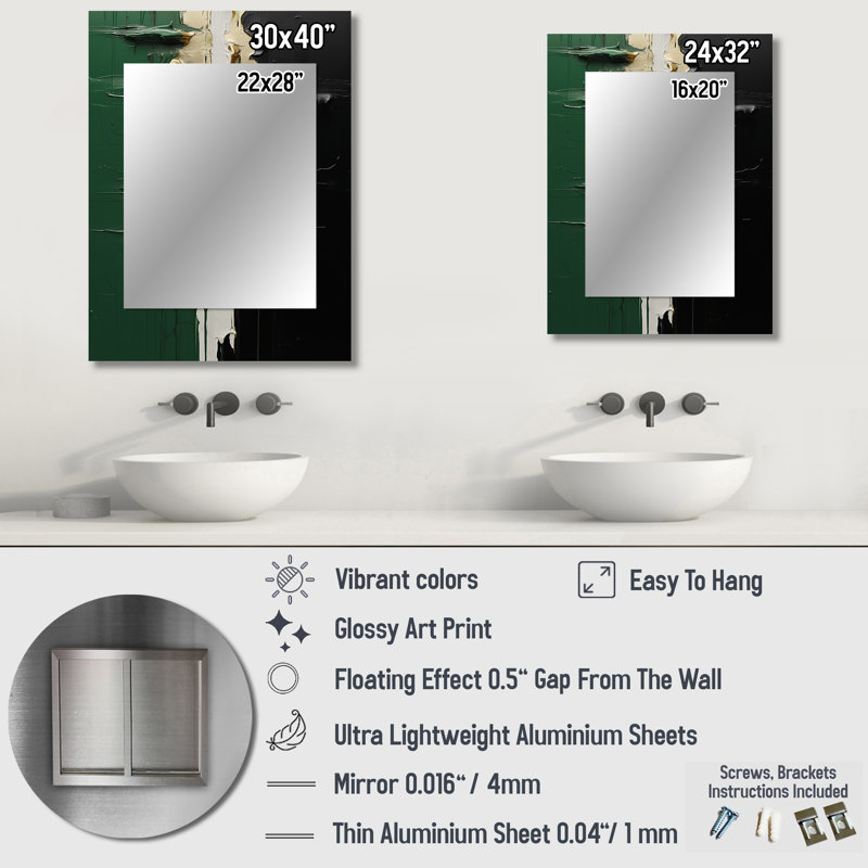 Golden green and black ink merge II - Abstract Painting Mirror, Green Decorative Wall Mirror, Printed Metal Art, 40" x 30"