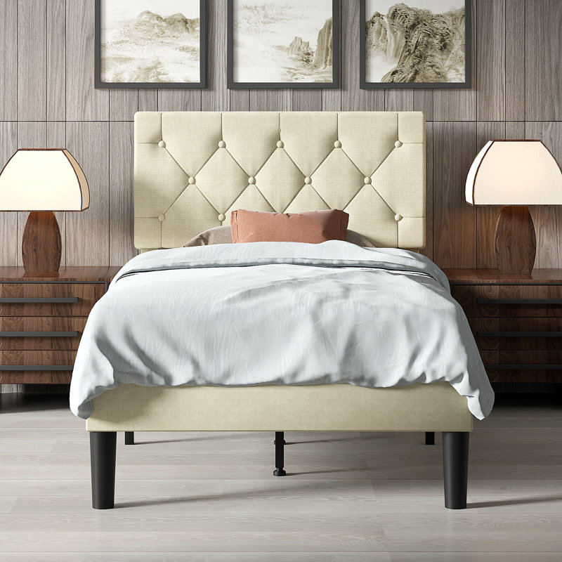Lit plateforme tapissier Candelaria avec tête de lit capitonnée réglable, cadre de lit en tissu de lin avec tête de lit capitonnée à boutons, aucun sommier requis, support à lattes en bois, lit tapissier moderne pour la chambre à coucher