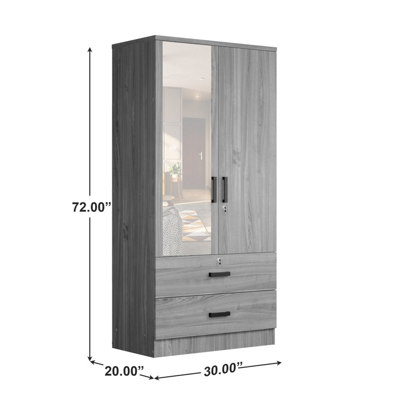 Majoch Mirrored 2 Door Wardrobe & 2 Drawers, Grey