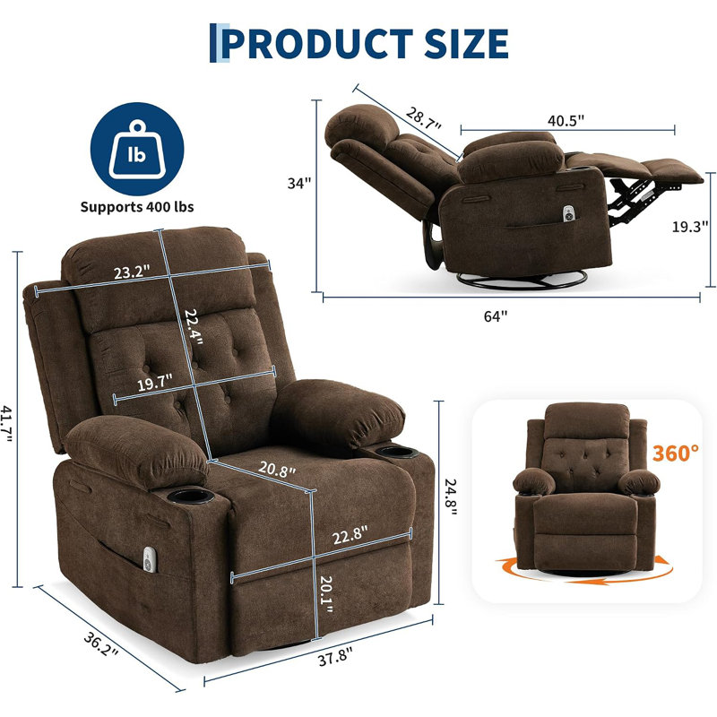 Fauteuil inclinable surdimensionné à 360°, revêtement en lin marron PU 54 po, PU3