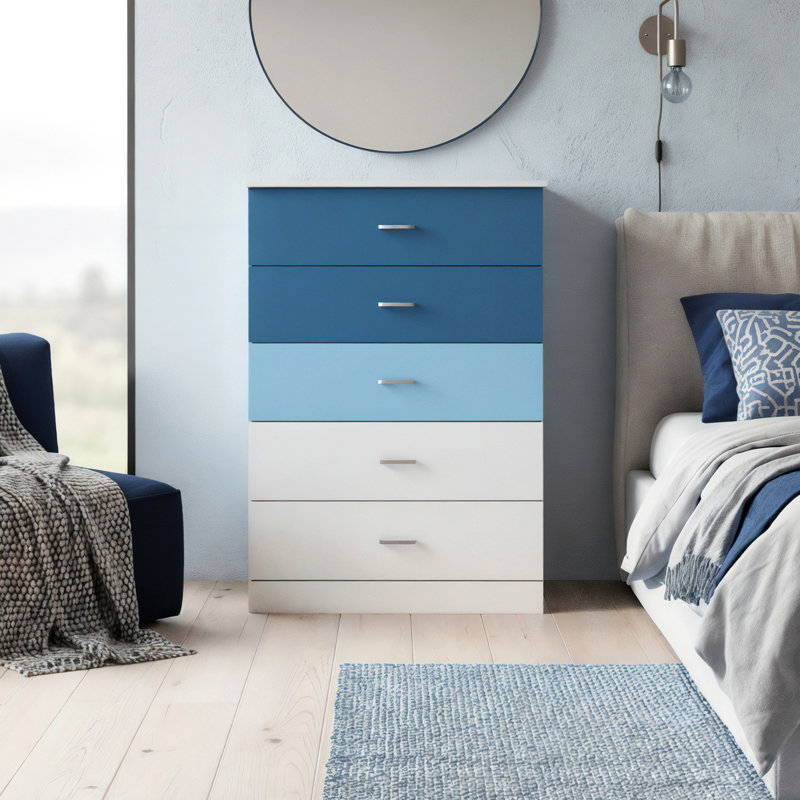 Commode 5 tiroirs Allyannah, Blanc / bleu Lewis / bleu clair