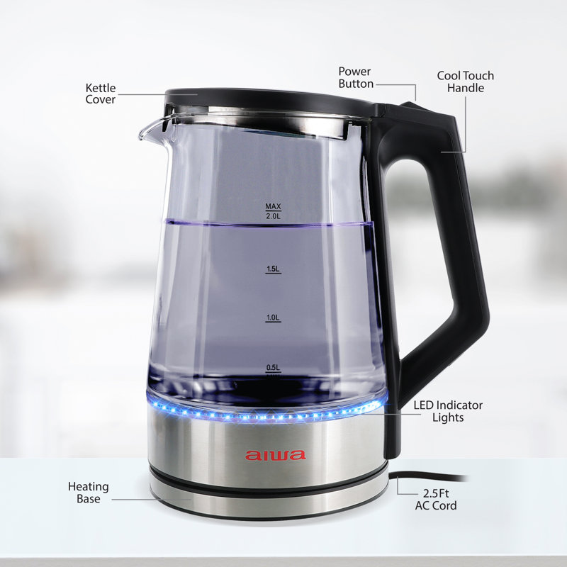 Bouilloire électrique de 2 litres, chaudière rapide de 8,4 tasses, bouilloire en verre, Noir