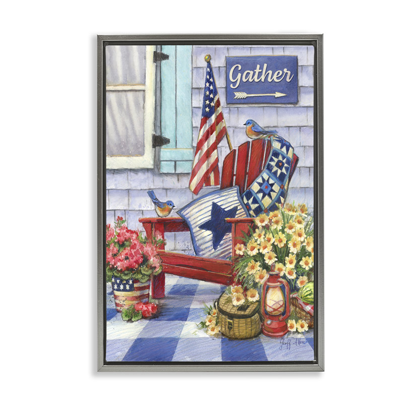 Toile flottante encadrée Patriotic Porch View par Geoff Allen, H 25 po x l 17 po, Cadre flottant gris