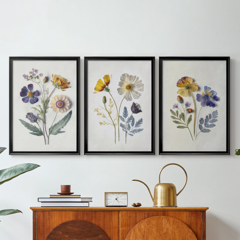 Pressed Flower Memories I - Toile tendue avec châssis sur mesure - 3 pièces, Noir, H 21 po x l 30 po